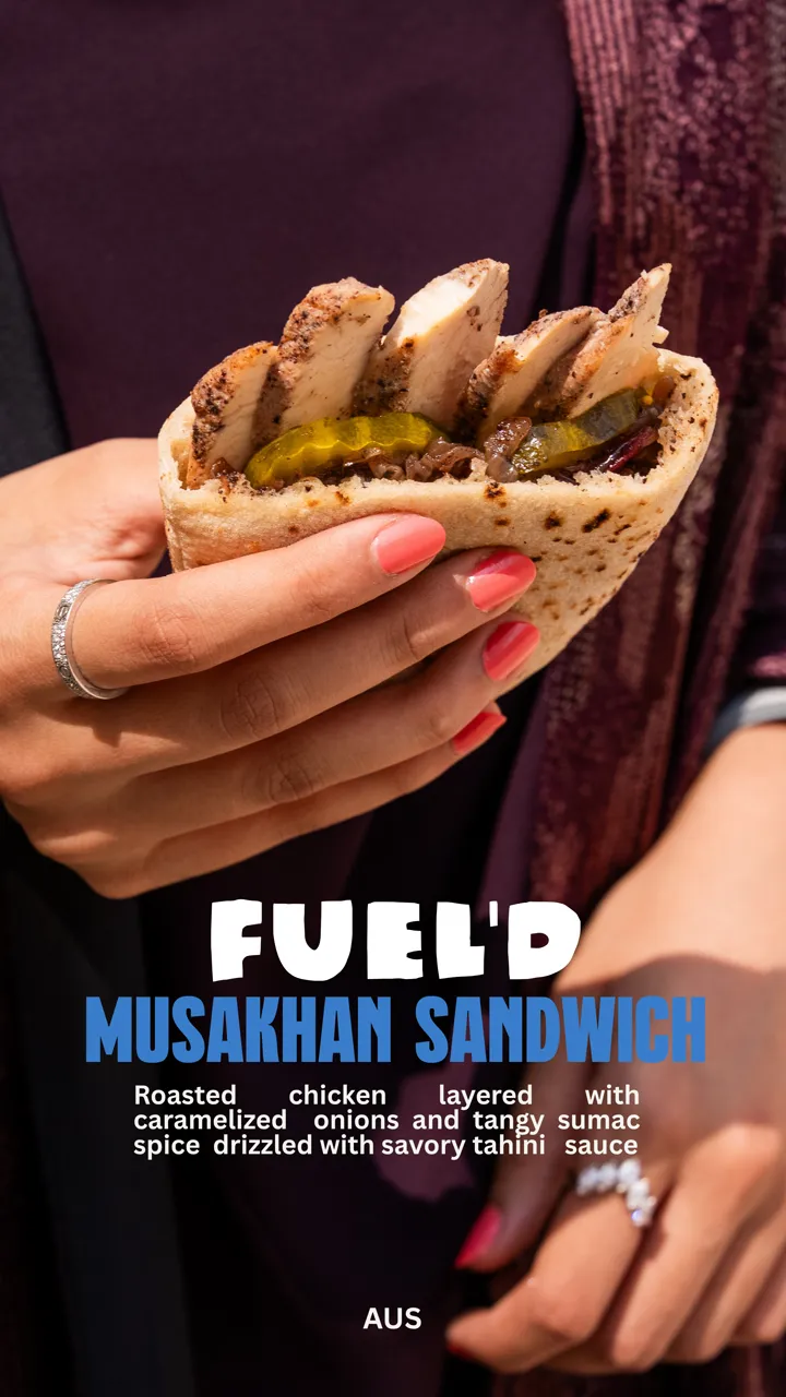 Fuel'd musakhan sandwich menu poster: roasted chicken with caramelised onions in a pita