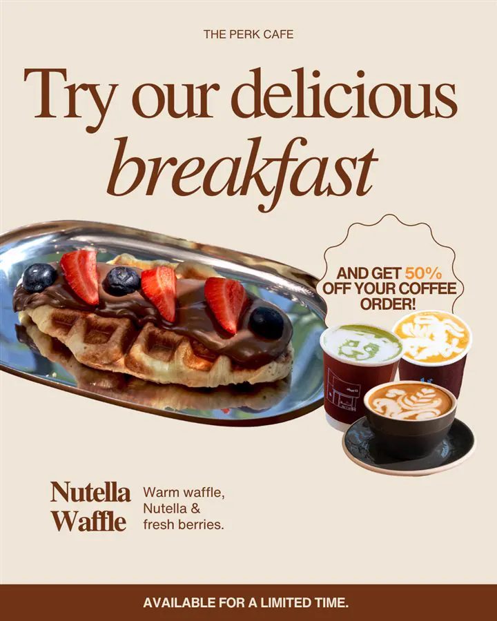 Perk breakfast campaign post: Nutella waffle, 50% off your coffee