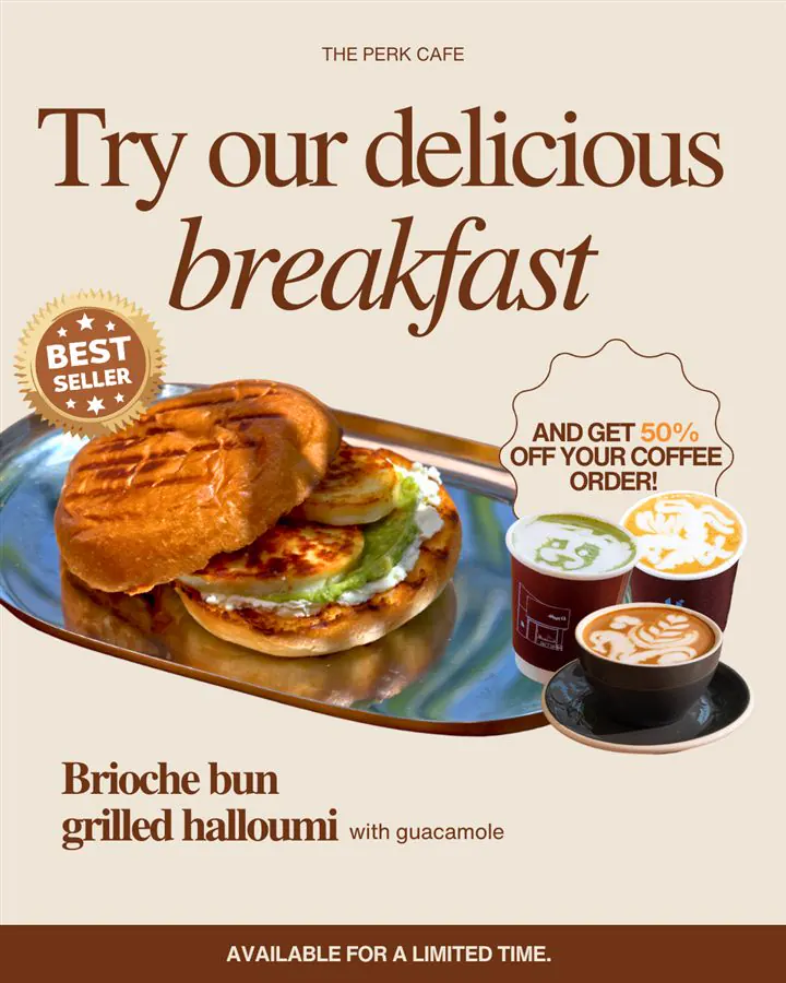 Perk breakfast campaign post: brioche bun grilled halloumi