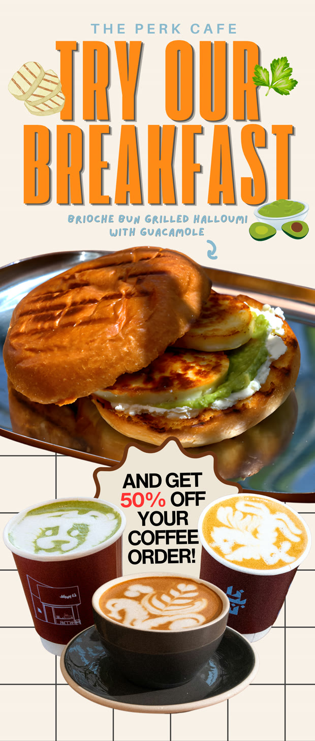 Perk breakfast roll-up banner design , brioche halloumi