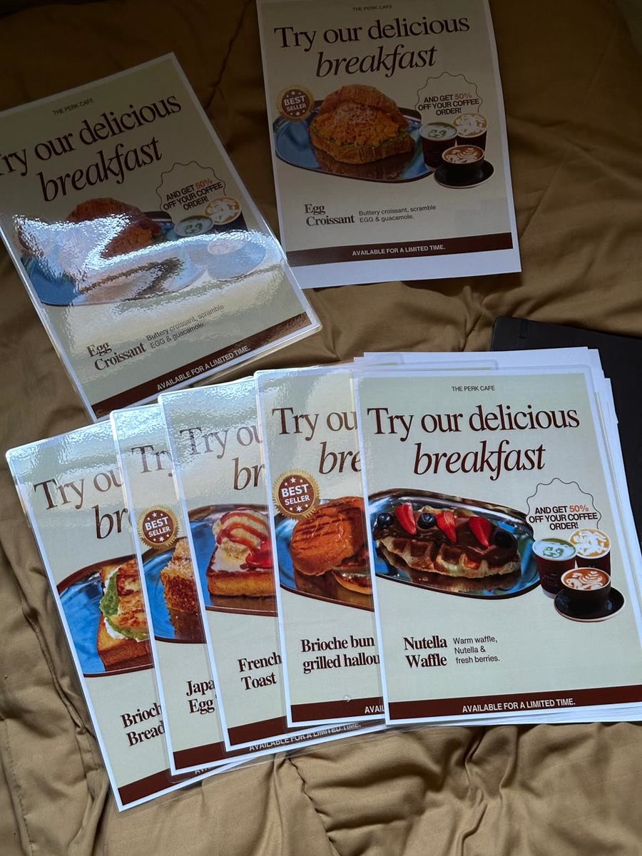 The Perk Cafe breakfast menu flyers, printed