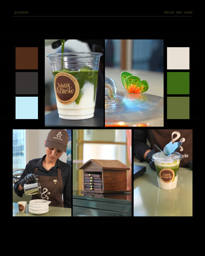 Whisk & Brew brand styling board , colour palette and visual direction by Qissahh